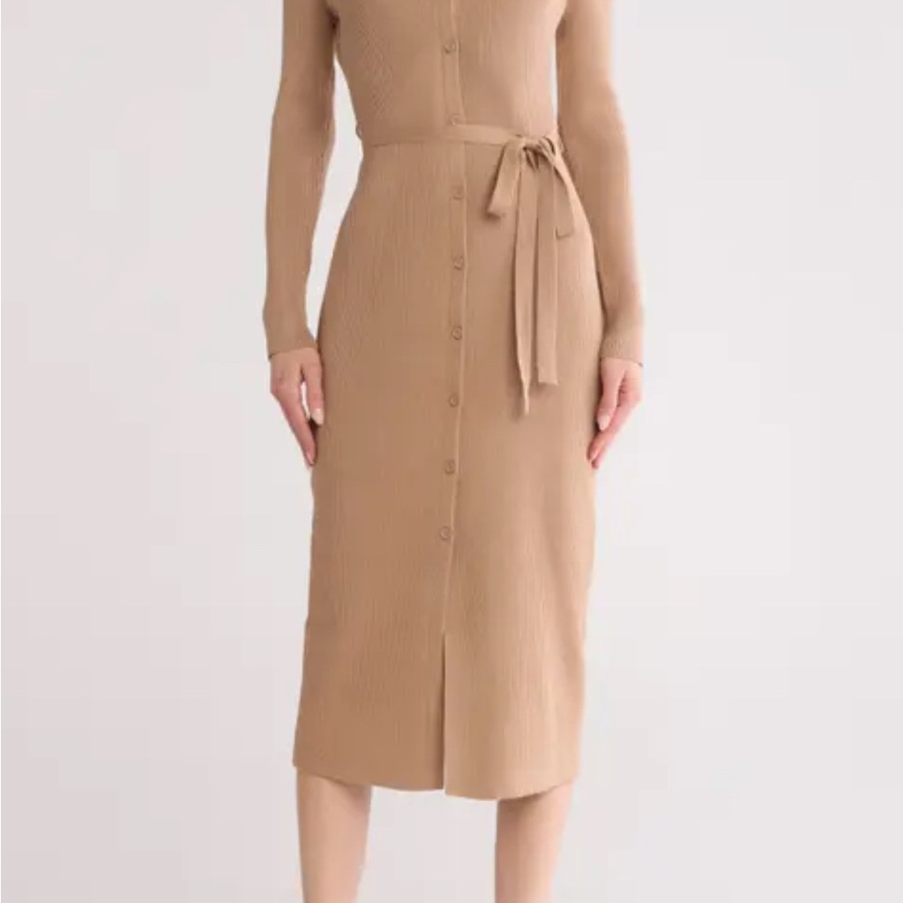 Lucky Brand | Tan Ribbed Knit Midi Dress
